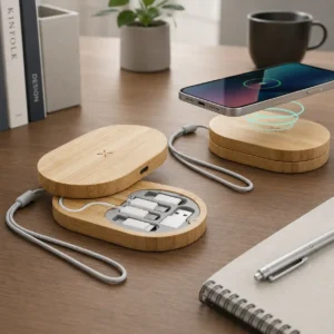 Bambox Charge Travel Cable Box With 15W Wireless Charger with charging adapters for corporate gifting
