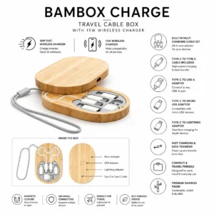 Bambox Charge Travel Cable Box With 15W Wireless Charger with charging adapters for corporate gifting