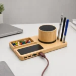 5 In 1 Bamboo Tabletop Bluetooth Speaker & USB Hub with mobile stand and pen holder for corporate gifting