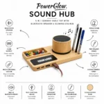 5 In 1 Bamboo Tabletop Bluetooth Speaker & USB Hub with mobile stand and pen holder features