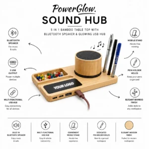 5 In 1 Bamboo Tabletop Bluetooth Speaker & USB Hub with mobile stand and pen holder features