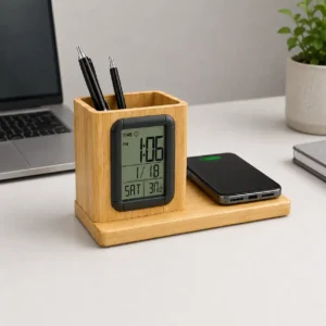 ZenCharge Time Bamboo Table Top With Clock & Fast 15W Wireless Charger for corporate gifting
