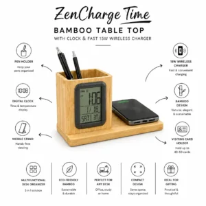 ZenCharge Time Bamboo Table Top With Clock & Fast 15W Wireless Charger features