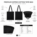 Premium Black Zipper Tote 350GSM cotton canvas bag with zipper closure features