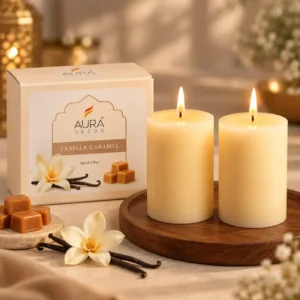 AuraDecor Scented Pillar Candles - Vanilla with Vanilla Caramel fragrance set of 2