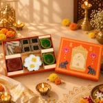 Divine Pooja Diwali Gift Box with diyas dhoop cones havan cups and lotus urli candle