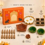 Divine Pooja Diwali Gift Box with diyas dhoop cones havan cups and lotus urli candle contents