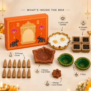 Divine Pooja Diwali Gift Box with diyas dhoop cones havan cups and lotus urli candle contents