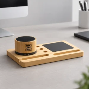 PowerGlow Bluetooth Speaker With Wireless Charger with 15W charging and bamboo tabletop desk organiser