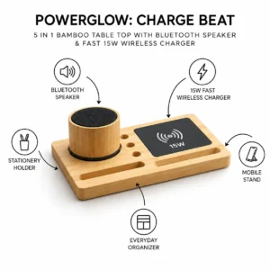 PowerGlow Bluetooth Speaker With Wireless Charger with 15W charging and bamboo tabletop desk organiser features