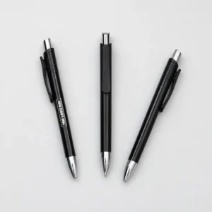 Comet Plastic Ball Pen with a black plastic body, silver-tone accents and clip for corporate stationery