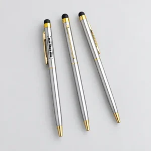ComfortGrip Luxe Metal Ball Pen with silver metallic body and gold-tone accents for corporate gifting