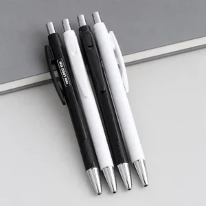 Ticker Plastic Ball Pen with black and white plastic body options and silver-tone accents for corporate gifting